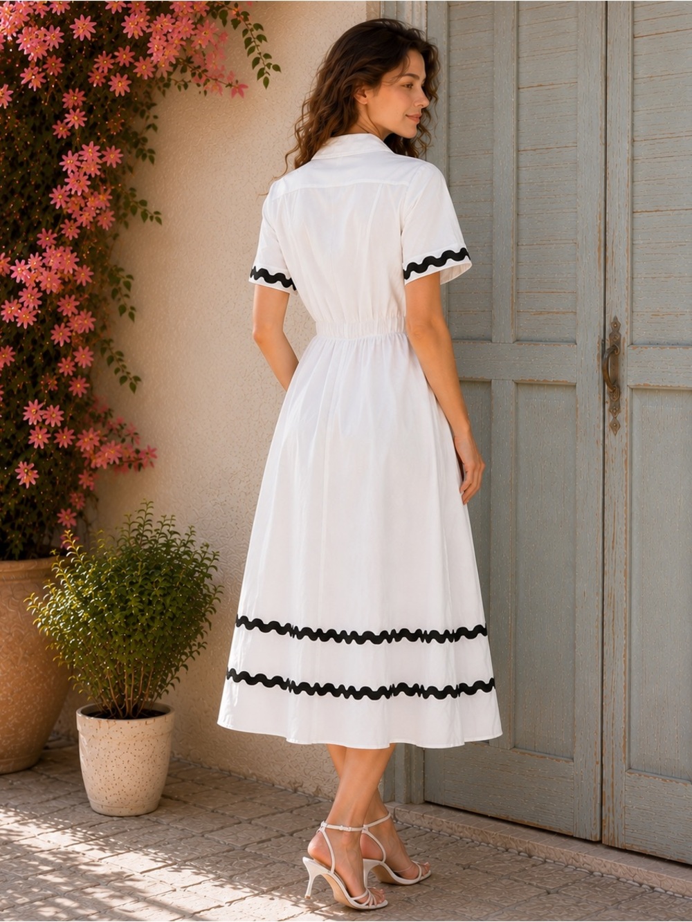 Elie Tahari White Midi Shirt Dress with Black Scalloped Trim - Picture 2 of 6